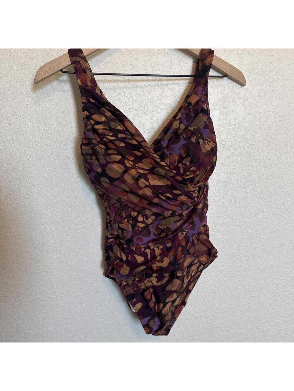 Y2K Tuscan Mom Style One Piece Purple Patterned Swimsuit, Size 8